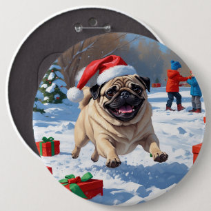 Chapa Redonda De 15 Cm Pug corriendo en la nieve con sombrero de Navidad