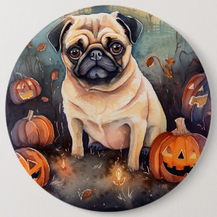 Chapa Redonda De 15 Cm Pug de Halloween con calabazas espeluznante