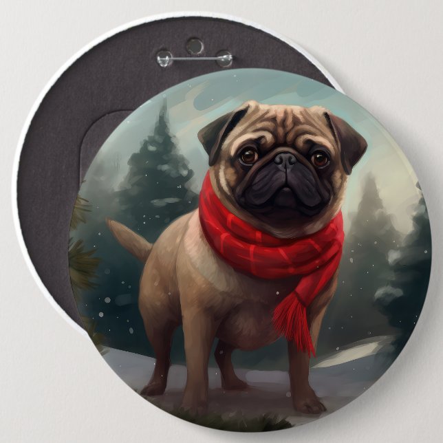 Chapa Redonda De 15 Cm Pug Perro en Navidad Nieve (Anverso y reverso)