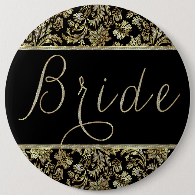 Chapa Redonda De 15 Cm Purpurina negro, dorado y falso Damask Bried Texto (Anverso)