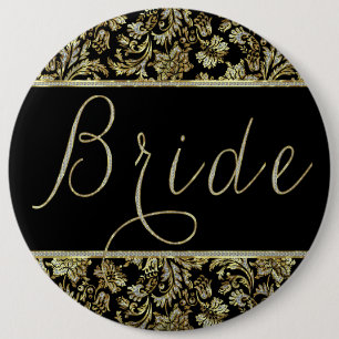 Chapa Redonda De 15 Cm Purpurina negro, dorado y falso Damask Bried Texto