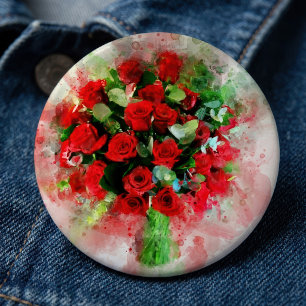 Chapa Redonda De 15 Cm Ramo de Rosas Rojas Acuarela sobre Fondo Blanco