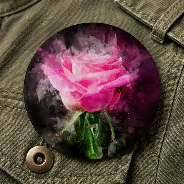 Chapa Redonda De 15 Cm Rosa Rosa Acuarela sobre Fondo Negro (Pink Rose Watercolor on Black Background. Button)