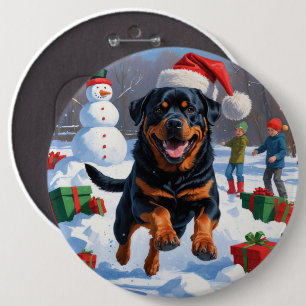 Chapa Redonda De 15 Cm Rottweiler corriendo en la nieve con sombrero de N