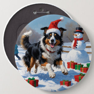 Chapa Redonda De 15 Cm Rough Collie corriendo en la nieve con sombrero de
