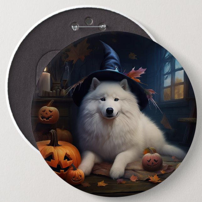 Chapa Redonda De 15 Cm Samoyed Pumpkins Halloween Scary (Anverso y reverso)