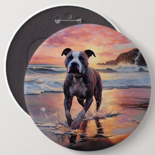 Chapa Redonda De 15 Cm Sandy American Staffordshire Dog on Beach Sunset