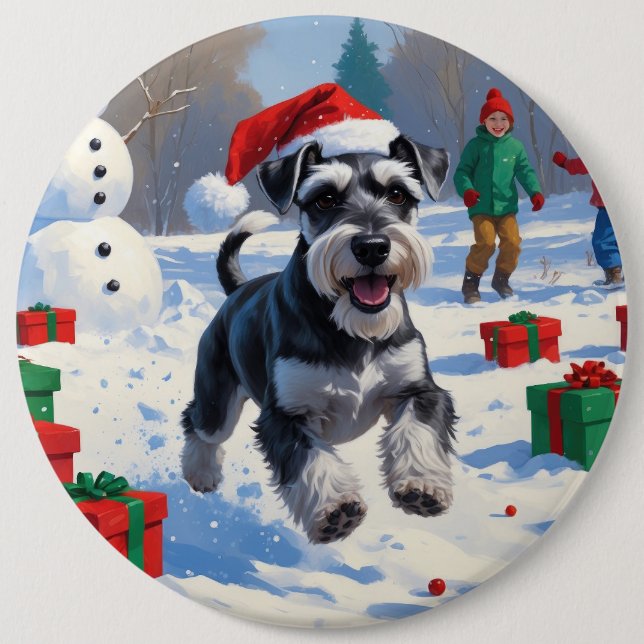 Chapa Redonda De 15 Cm Schnauzer Running en nieve con Gorra Navidad (Anverso)