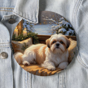 Chapa Redonda De 15 Cm Shih Tzu con vacaciones de Navidades alumbrados