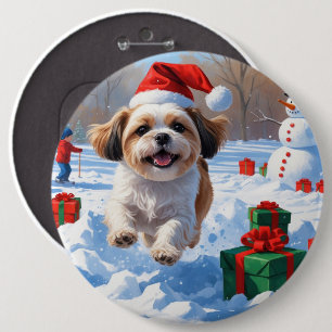 Chapa Redonda De 15 Cm Shih Tzu corre en Nieve con Gorra Navidad