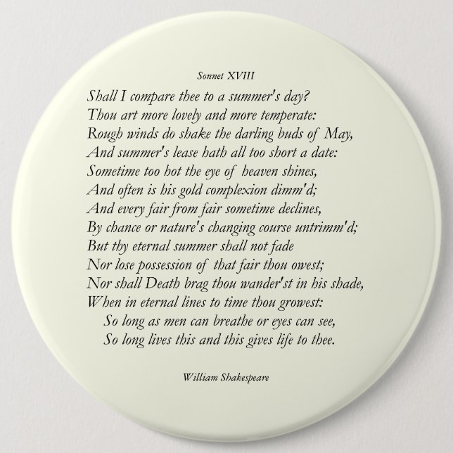 Chapa Redonda De 15 Cm Sonnet # 18 de William Shakespeare (Anverso)