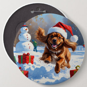 Chapa Redonda De 15 Cm Spaniel Tibetano Corriendo en la Nieve con Sombrer