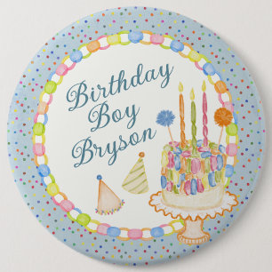 Chapa Redonda De 15 Cm Tarta de cumpleaños Azul Cue the Confetti