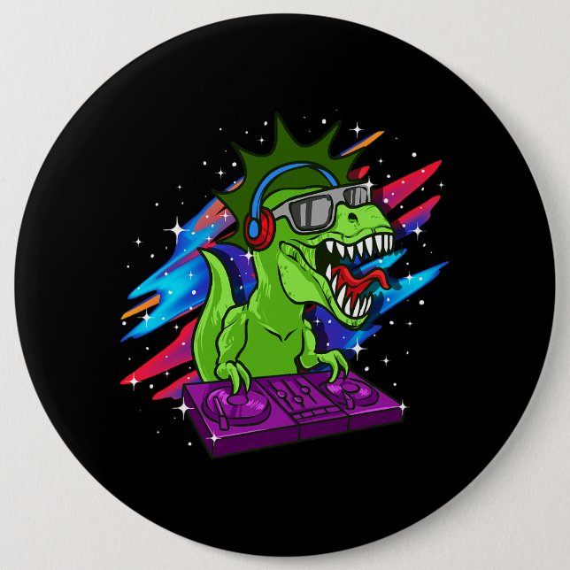 Chapa Redonda De 15 Cm TRex DJ Dinosaur Fiesta Club Disco Jockey EDM Musi (Anverso)