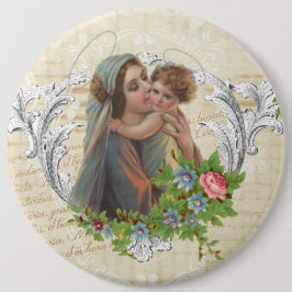 Chapa Redonda De 15 Cm Vintage Bendita Virgen María Jesús Rosas