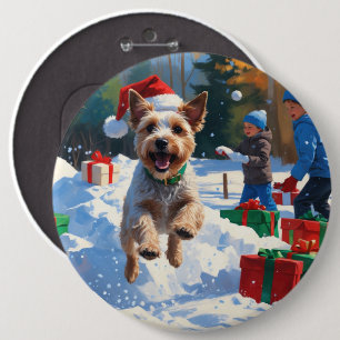 Chapa Redonda De 15 Cm Wire Fox Terrier corriendo en la nieve con sombrer