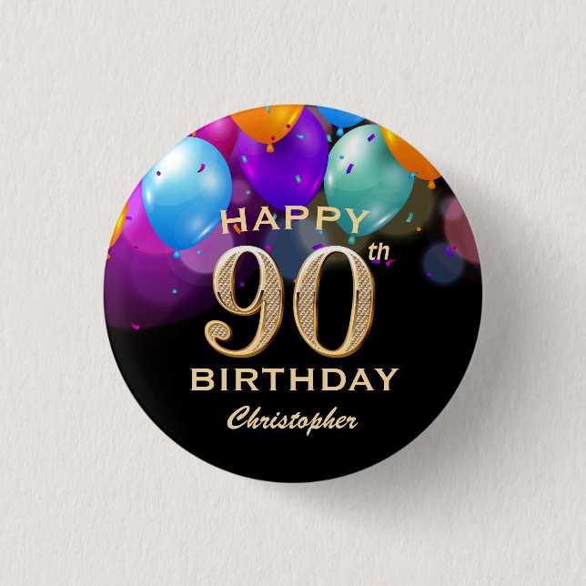 Chapa Redonda De 2,5 Cm 90.ª fiesta de cumpleaños Globos de oro y negro (Anverso)