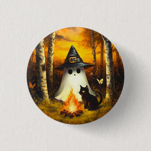 Chapa Redonda De 2,5 Cm Acogedor Fantasma de Halloween y gato negro en la 