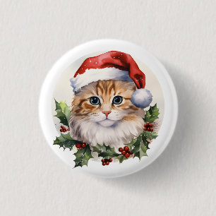 Chapa Redonda De 2,5 Cm Acuarela Navidades Cuidados Gato En Santa Hat