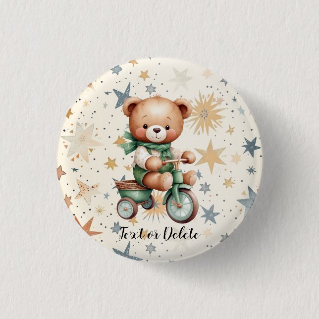 Chapa Redonda De 2,5 Cm Acuarela Teddy Bear Stars Green Bike Fiesta (Anverso)