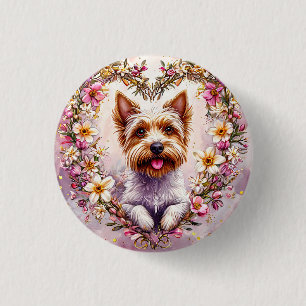 Chapa Redonda De 2,5 Cm Adorable Yorkie rodeado de corona floral