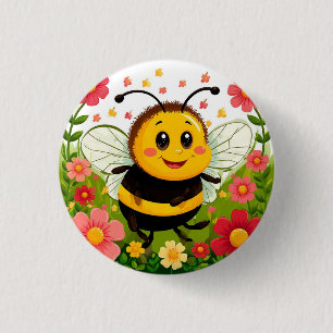 Chapa Redonda De 2,5 Cm Alegre abeja de dibujos animados rodeada de flores