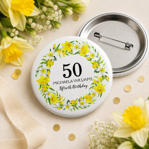 Chapa Redonda De 2,5 Cm Amarillo blanco Daffodil Wreath cumpleaños 50