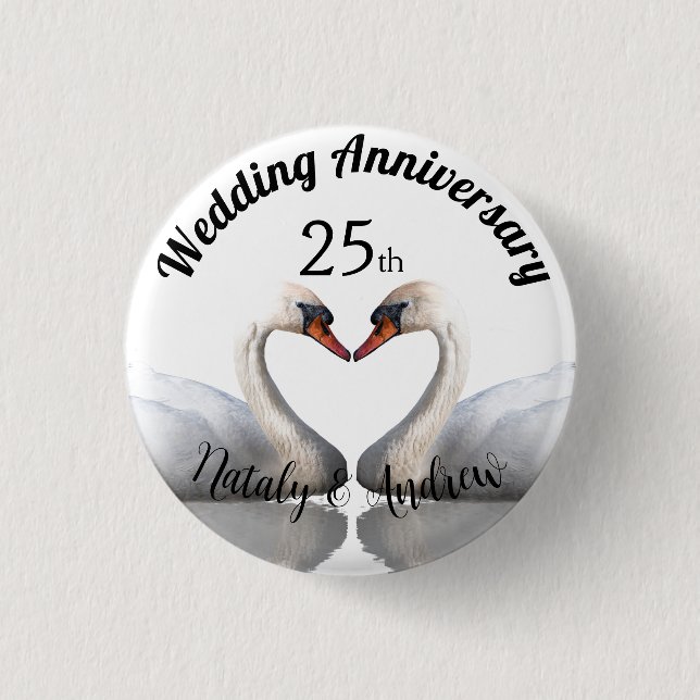 Chapa Redonda De 2,5 Cm Aniversario boda dos cisnes blancos (Anverso)