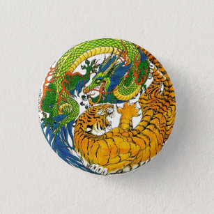 Chapa Redonda De 2,5 Cm Arte clásico de tigre oriental Yin Yang Dragon