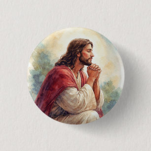 Chapa Redonda De 2,5 Cm Arte de Acuarela de Jesús Orando   Fe Cristiana