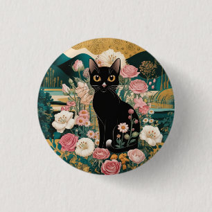 Chapa Redonda De 2,5 Cm Arte de gato negro decorativo dorado estilo Gustav