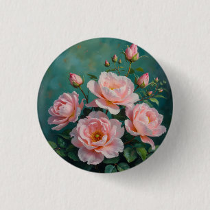 Chapa Redonda De 2,5 Cm Arte de peonías rosadas sobre verde esmeralda
