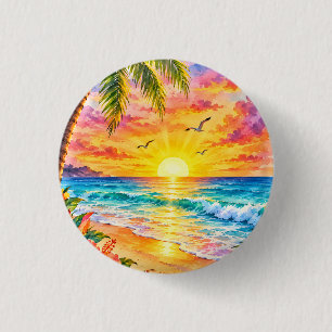 Chapa Redonda De 2,5 Cm Arte de playa de acuarela de puesta de sol en para