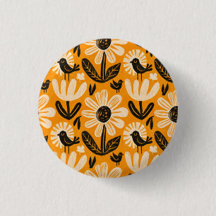 Chapa Redonda De 2,5 Cm Arte floral y patrón de aves del folk retro