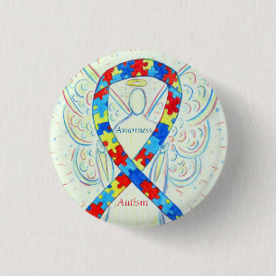 Chapa Redonda De 2,5 Cm Autism Angel Puzzle Awareness Ribbon Pins