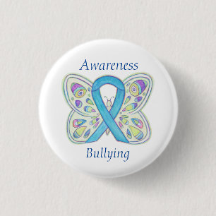 Chapa Redonda De 2,5 Cm Aviso de bullying Awareness Butfly Blue Ribbon Pin