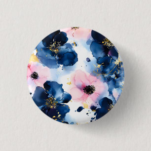 Chapa Redonda De 2,5 Cm Azul Marino Rosado Dorado Floral Acuarela