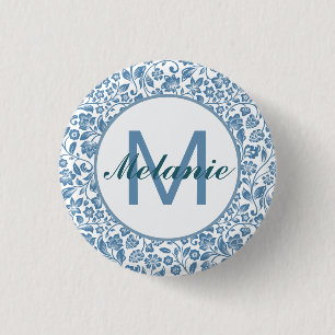 Chapa Redonda De 2,5 Cm Azul Vintage Patrón Floral Blanco Personalizado