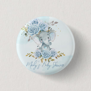 Chapa Redonda De 2,5 Cm Baby Blue Floral Cute Elephant Boy Baby Shower