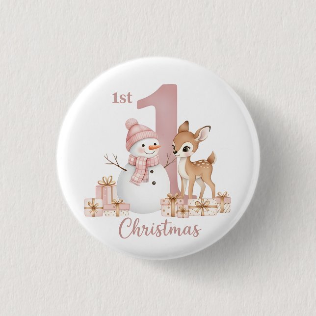 Chapa Redonda De 2,5 Cm Baby Girl First Christmas Snowman Deer (Anverso)