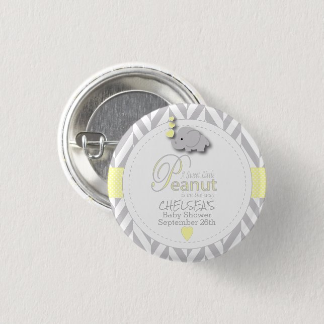 Chapa Redonda De 2,5 Cm Baby Shower de elefante gris blanco amarillo (Anverso y reverso)