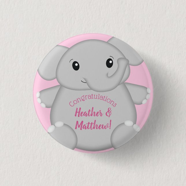 Chapa Redonda De 2,5 Cm Baby Shower de Elefante Rosa (Anverso)