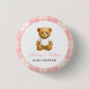 Chapa Redonda De 2,5 Cm Baby Shower rosado de oso preppy moderno