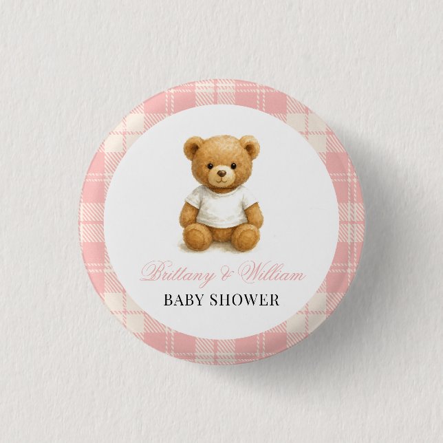 Chapa Redonda De 2,5 Cm Baby Shower rosado de oso preppy moderno (Anverso)