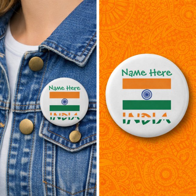 Chapa Redonda De 2,5 Cm Bandera de la India Redonda Personalizada (Personalized button pin with Indian flag, INDIA in flag colors, and a place for a name above.)