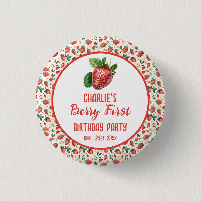 Chapa Redonda De 2,5 Cm Berry First Strawberry Chica primer Fiesta de cump (Anverso)