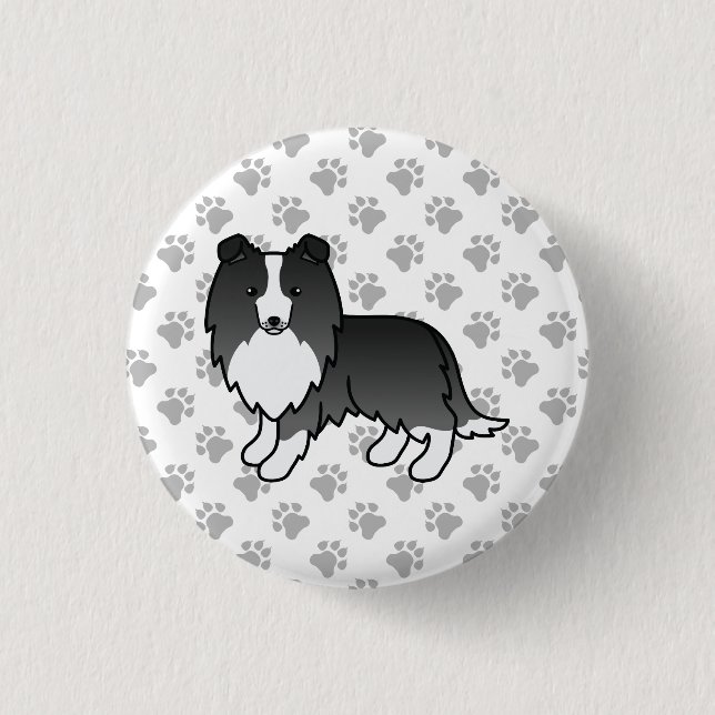 Chapa Redonda De 2,5 Cm Bi-Black Shetland Sheepdog Cartog Dog & Paws (Anverso)