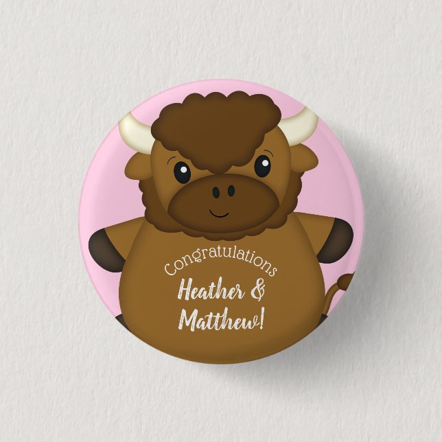 Chapa Redonda De 2,5 Cm Bison Buffalo Baby Shower Pink (Anverso)