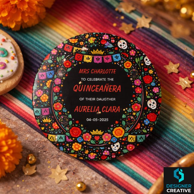 Chapa Redonda De 2,5 Cm Black Mexican Fiesta Floral Gold Tiara Quinceañera (Black Mexican Fiesta Floral Gold Tiara Quinceañera Button)