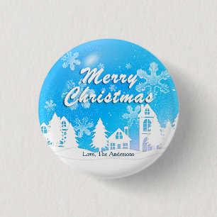 Chapa Redonda De 2,5 Cm Blue White House Snowflakes Navidad Feliz Año Nuev